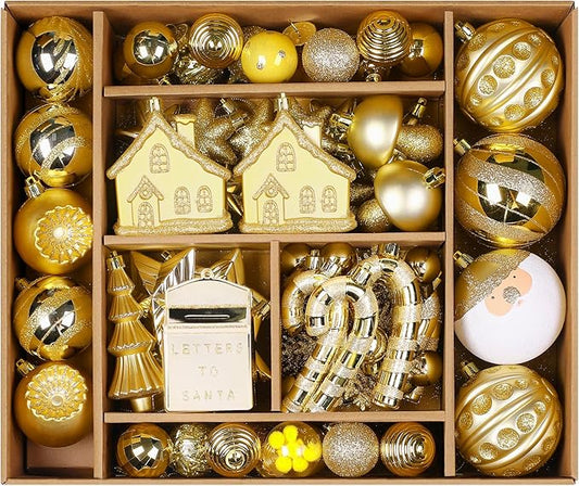 SHareconn 80ct Christmas Balls Ornaments Set, Shatterproof Plastic Colorful Xmas Decorative, Baubles for Tree Decorations with Hanging Strings,Deep Shallow Gold