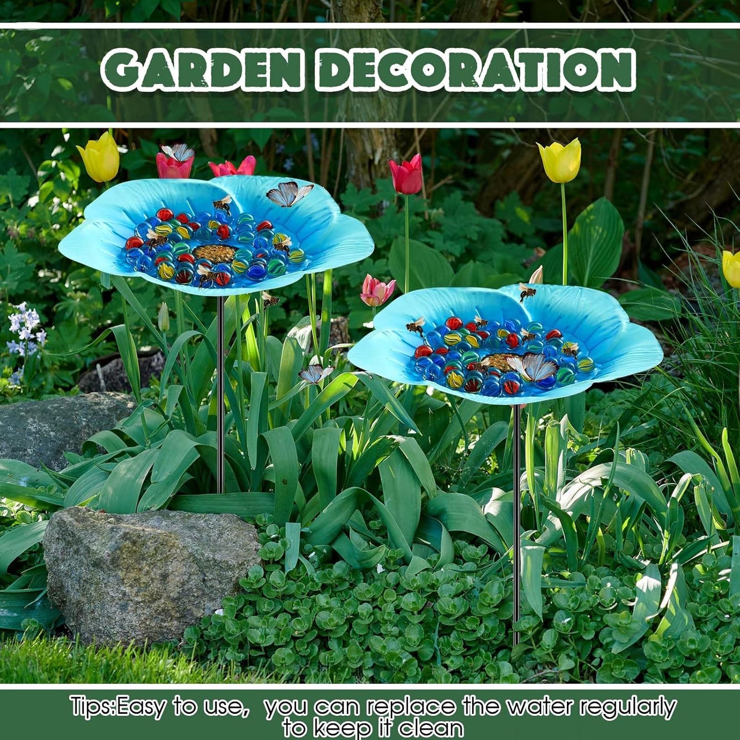 Tandefio Vivid Flower Bee Watering Station Metal Butterfly Water Feeder Cup with 30 Colorful Glass Marbles Bee Feeder Cup Butterfly Bath Bowl for Garden Outdoor Yard Decors(Blue,Flower)