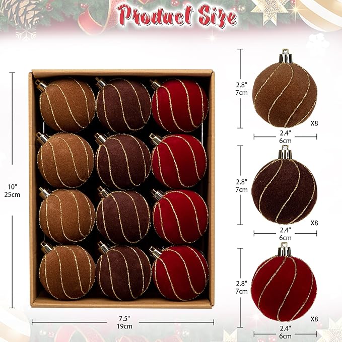 24PCS Velvet Christmas Ball Ornaments Set, 2.36" Shatterproof Baubles for Christmas Tree Decorations, Gold-Lined Hanging Baubles with Velvet Finish for Thanksgiving Holiday Party Décor, Multicolour