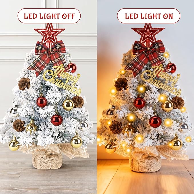 Mini Christmas Tree Tabletop Set with LED Lights, 2FT Artificial Small Xmas Tree Prelit with Star Treetop and Hanging Ornaments for Home Cafe Office, Snow Flocked, White