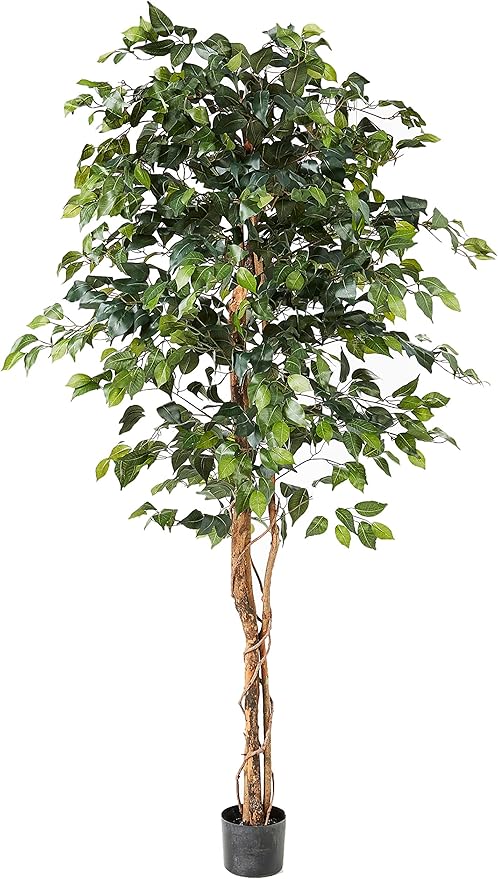 Nearly Natural 6ft Triple Trunk Artificial Ficus Tree with Natural Wood Trunks, Fake Tree for Indoor Home Décor, Faux Ficus Tree with Black Nursery Pot
