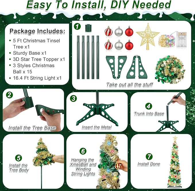 5FT Pop Up Christmas Tree with Timer 60 Warm White & Multi Color Fairy Light 3D Star 15 Ball Ornament, Green Gold Tinsel Christmas Tree Slim Pencil Xmas Tree Home Office Holiday Decor Indoor Outdoor