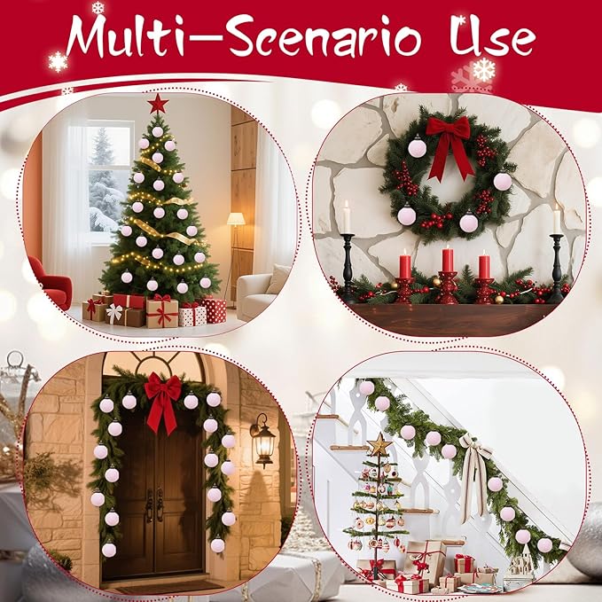 Velvet Christmas Balls Bulk Shatterproof Plastic Christmas Tree Decorations for Decorative Hanging Baubles (12, Pink, 3.15Inch)