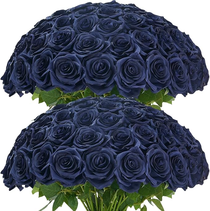 50pcs Navy Blue Roses Artificial Flowers Bulk Fake Roses Silk Flower with Stems Realistic Flowers for Wedding Centerpiece Party Birthday Decor