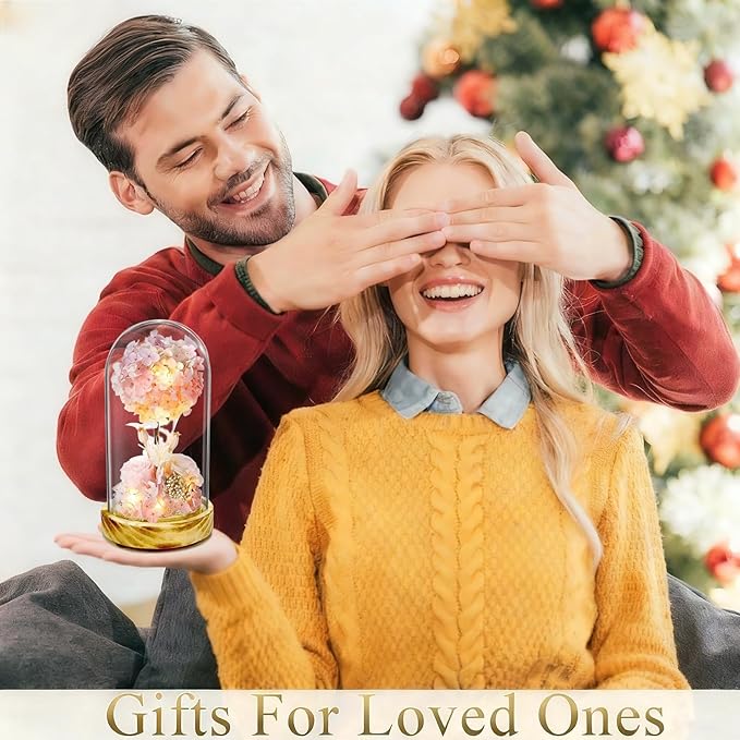 dranmoner Christmas Rose Gifts with LED Lights,8 inches 3D Pink Hydrangea Tree and Preserved Flower Arrangement,Wooden Base,for Birthday,for Mom Grandma Wife Friend Used as for Occasions Home Decor