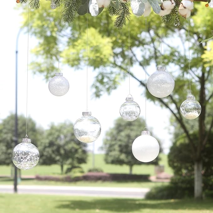 Sea Team Multi-Size Shatterproof Clear Plastic Christmas Tree Ball Ornaments Set, Decorative Hanging Transparent Xmas Baubles with Stuffed Delicate Decorations (48 Counts, White)
