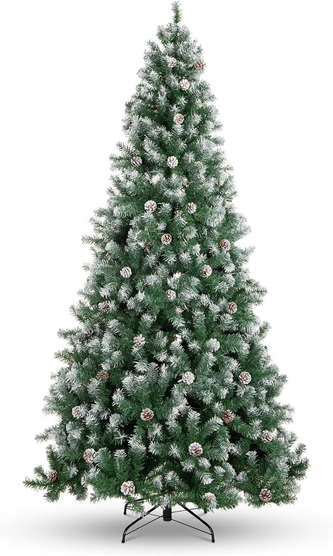 Best Choice Products 12ft Pre-Decorated Holiday Christmas Tree for Home, Office, Party w/4,188 Tips, Partially Flocked, Pinecones, Base – Green