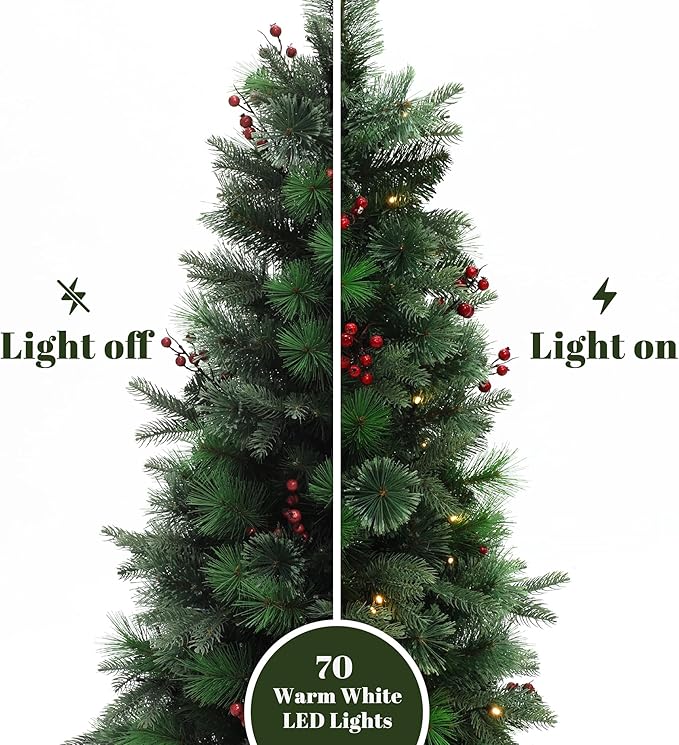 LuxenHome 4FT Small Christmas Tree, Battery Operated Potted Christmas Trees with 70 Warm White LED Lights, Slim Xmas Tree with Red Berries and Metal Pot for Entryway, Livingroom Holiday Display