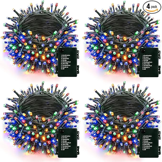 4 Pack 160FT 400 LED Battery Operated Christmas Lights Indoor/Outdoor with Timer & 8 Modes Green Wire Christmas Tree Lights Waterproof Fairy String Lights for Garden Christmas Decoration(Multicolor)
