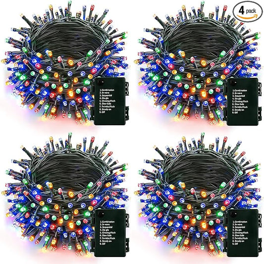 4 Pack 160FT 400 LED Battery Operated Christmas Lights Indoor/Outdoor with Timer & 8 Modes Green Wire Christmas Tree Lights Waterproof Fairy String Lights for Garden Christmas Decoration(Multicolor)