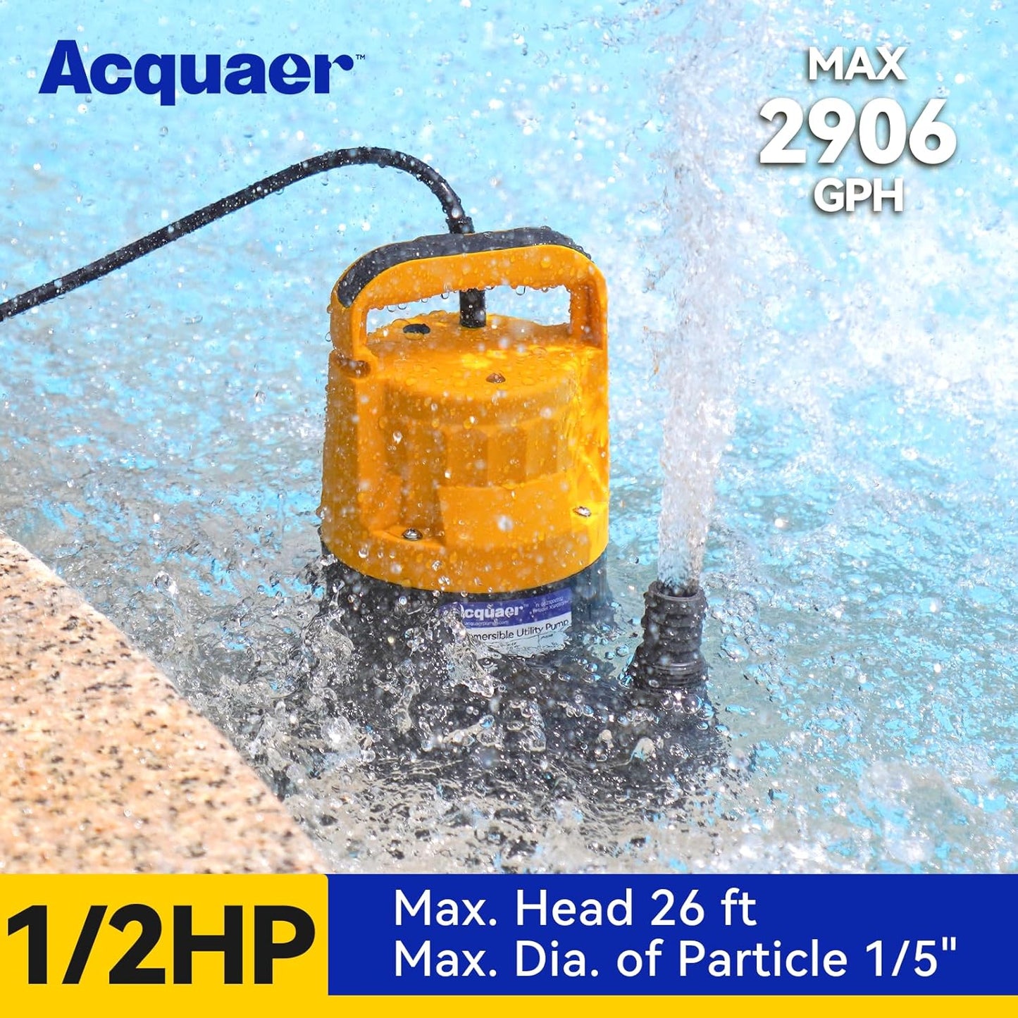 Acquaer 1/2HP Sump Pump, 2906GPH Submersible Water Pump for Water Removal in Hot Tubs, Pools, Basements, and Garden Ponds