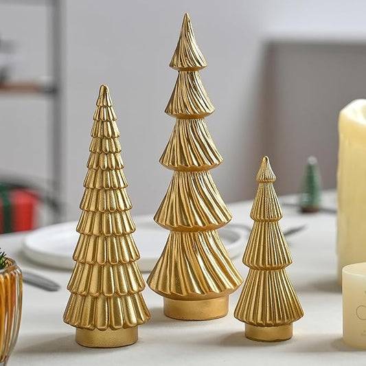 Gold Christmas Trees Small Resin Christmas Tree Figurines, 3Pcs Decorative Tabletop Trees for Xmas Decorations Indoor Mantel Centerpiece