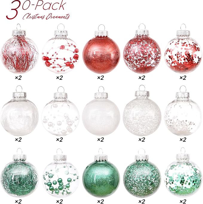 Sea Team 60mm/2.36" Shatterproof Clear Plastic Christmas Tree Ball Ornaments Set, Decorative Hanging Transparent Xmas Baubles with Stuffed Delicate Decorations (30 Counts, Elf)