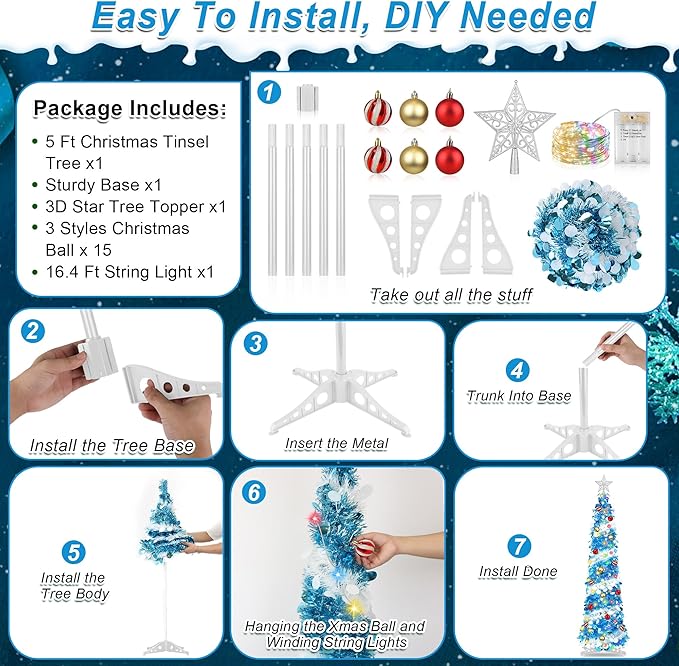 5FT Pop Up Christmas Tree with Timer 60 Warm White & Multi Color Fairy Light 3D Star 15 Ball Ornament, Blue White Tinsel Christmas Tree Slim Pencil Xmas Tree Home Office Holiday Decor Indoor Outdoor