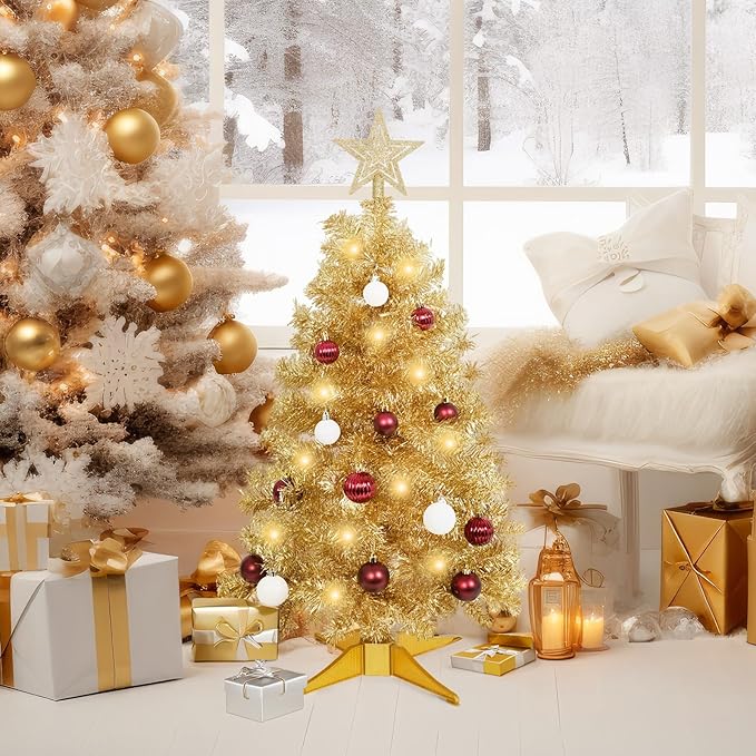 Sunshine Champagne Christmas Tree with Light 3ft Artifical Full Christmas Tree with Ball & Star Ornaments 8 Lighting Modes for Holiday Decor