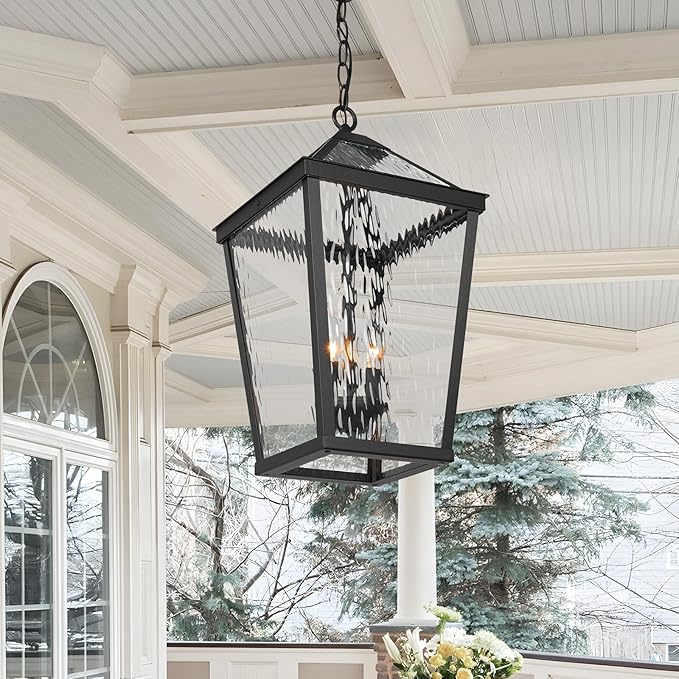 Treekee Outdoor Pendant Light, Modern Black Hanging Lantern Light for Front Porch, Adjustable Exterior Chandelier Fixture with E12 Sockets & Water Ripple Glass for Patio, Entryway, Garage, Gazebo