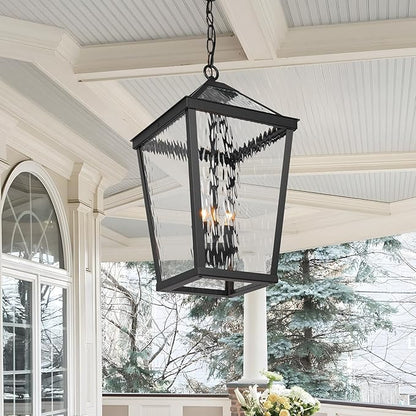 Treekee Outdoor Pendant Light, Modern Black Hanging Lantern Light for Front Porch, Adjustable Exterior Chandelier Fixture with E12 Sockets & Water Ripple Glass for Patio, Entryway, Garage, Gazebo