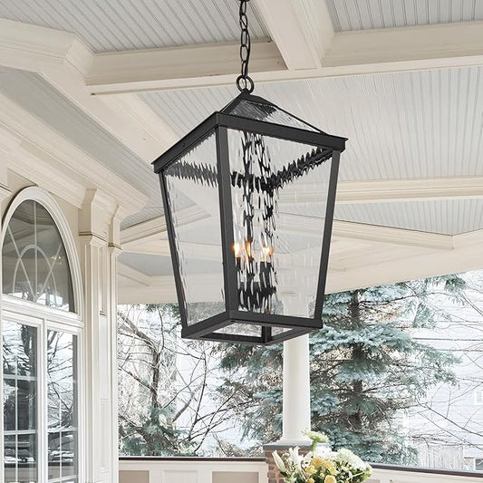 Treekee Outdoor Pendant Light, Modern Black Hanging Lantern Light for Front Porch, Adjustable Exterior Chandelier Fixture with E12 Sockets & Water Ripple Glass for Patio, Entryway, Garage, Gazebo