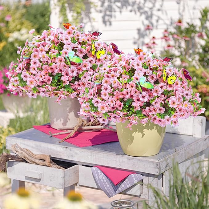 20 Bundles Artificial Flowers for Outdoors‌ with 6 Faux Butterflies, UV Resistant Fake Flowers‌ with Eucalyptus Leaves, Artificial Plants Outdoor‌ for Patio Garden Porch Home Decor (Pink)