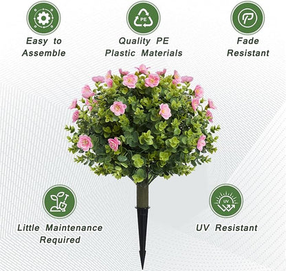 20" Artificial Camellia Topiary Ball Tree with Spike, Artificial Boxwood Shrubs Fake Bushes Set of 2, Faux Floral Flower Plant for Porch, Artificial Plants for Outdoor Indoor UV Resistant