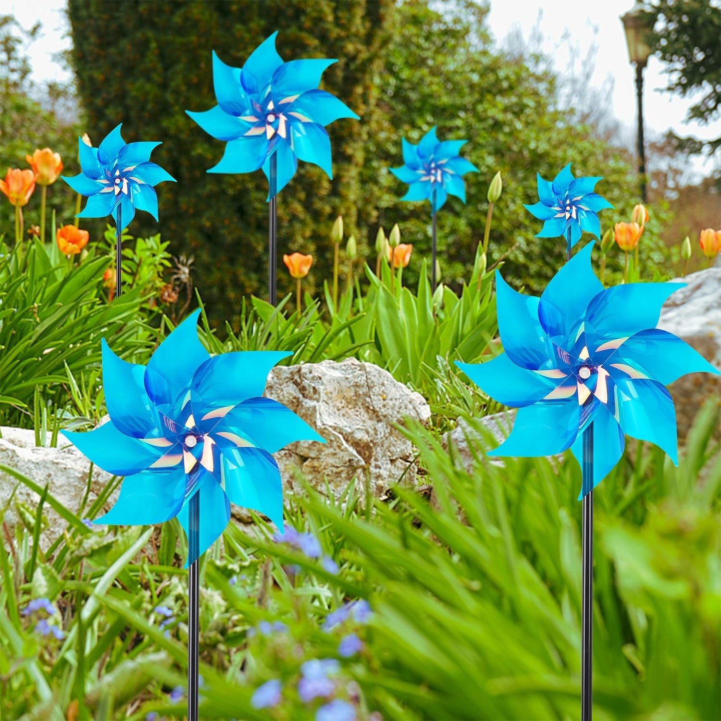 Hausse 10 Pack Reflective Pinwheels Wind Spinner, Extra Sparkly Pinwheel with Stakes, Bird Repellent Blinder Devices Deterrent to Scare Birds Away from Yard Patio Farm Garden, Transparent Blue