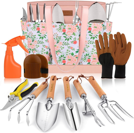 Gardening Tools - YAUNGEL 10 Pcs Garden Tool Set, Heavy Duty Stainless Steel Gardening Supplies Hand Tools with Wooden Handle, Storage Tote Bag, Ideal Garden Gifts for Women and Men, Pink