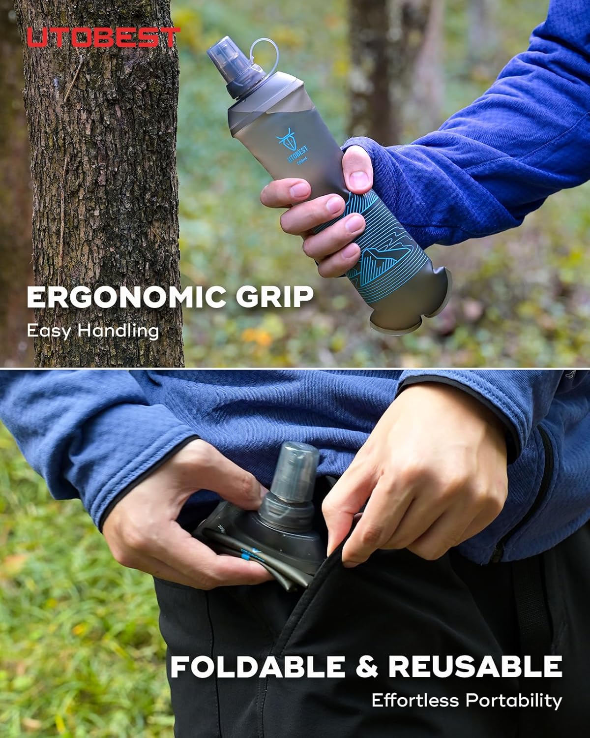 UTOBEST 500ml Soft Flask, 2 Pack Flexible TPU Hydration Water Bottle, Collapsible with 28mm Caliber for Running, Hiking, Cycling, Climbing, and Marathon Blue