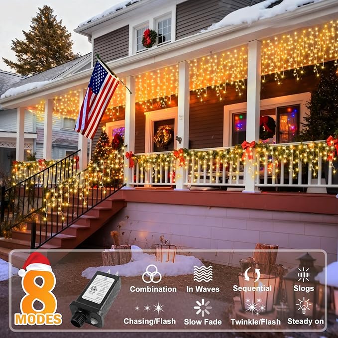 KNONEW 99ft 1216 LED Christmas Lights Outdoor Decorations with 228 Drops, 8 Modes Curtain Fairy String Light, Clear Wire LED String Light Indoor Decor for Wedding Party Christmas