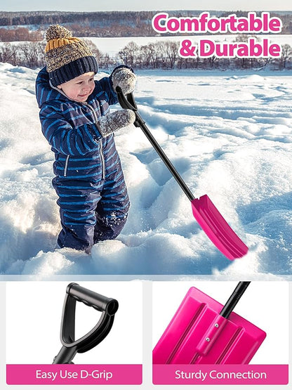 Snow Shovel Kids, Small Snow Shovel for Child Aged 2-13 Year Old, Plastic Winter Snow Removal Tool for Yard Driveway, 34 in Toddler Playing Shovels with Comfort D Handle Grip, 1 lb Lightweight, Pink