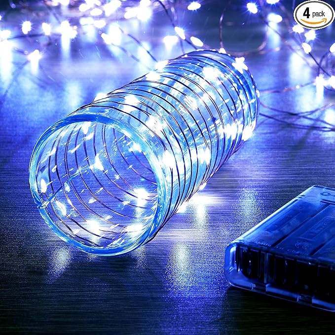 4 Pack 16.4ft Battery Operated String Lights with Timer, Cool White with Synchronized Twinkle Mode, Fairy Lights Battery Powered, 50 LEDs, Idea for Christmas Bedroom Party Wedding