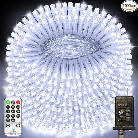 403 FT 1000 LED Christmas Lights Outdoor Fairy Lights Plug In Extra Long String Lights Clear Wire Waterproof 8 Modes Timer for Outside House Tree Garden Yard Wedding Party Decorations-Cool White