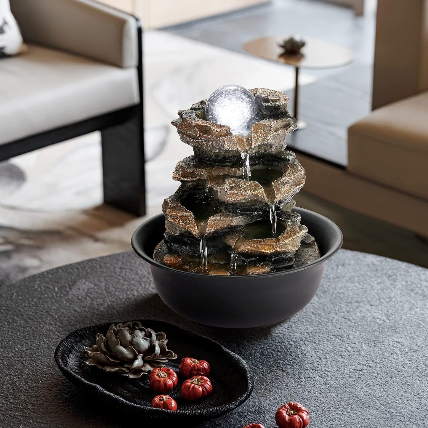 WICHEMI Indoor Fountains Tabletop Fountain Waterfall Fountain Indoor Water Feature Stacked Rocks Feng Shui Zen Meditation Relaxation Desktop Fountain with LED Light for Home and Office Decor(Style 5)