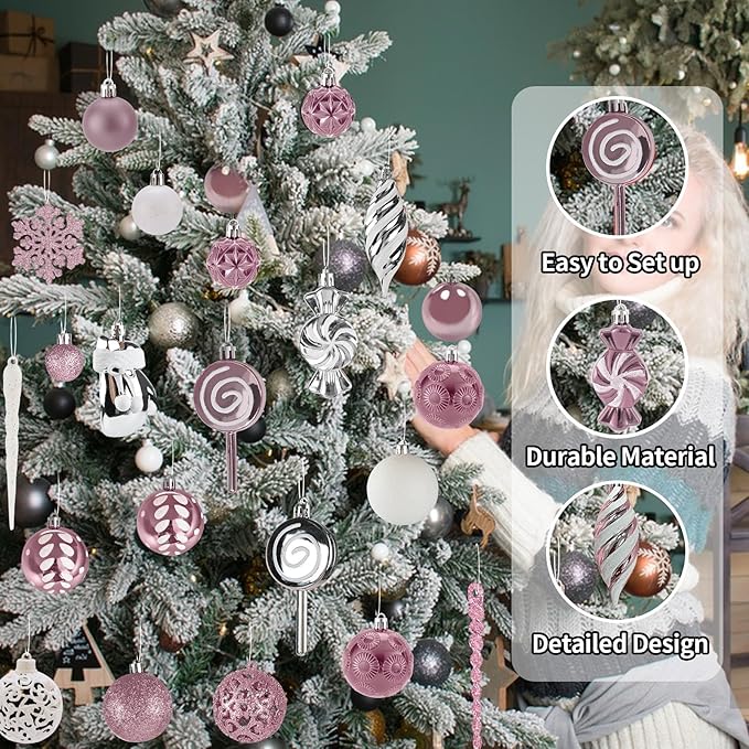 Shatterproof Christmas Ball Ornaments Set, 130 Pack Christmas Tree Decorations, Assorted Hanging Christmas Balls Bulk for Holiday Indoor Outdoor Xmas Party Decor (130 Pink)