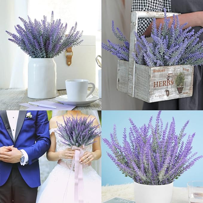 Ouddy Decor 12 Bundles Artificial Lavender Fake Flowers Faux Plastic Plants for Home Wedding Kitchen Garden Patio Window Box Office Table Centerpieces Indoor Outdoor Decor, Gray Purple