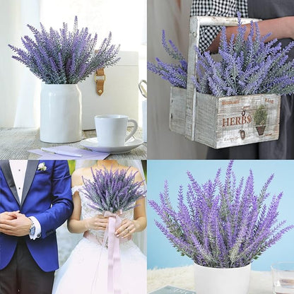Ouddy Decor 12 Bundles Artificial Lavender Fake Flowers Faux Plastic Plants for Home Wedding Kitchen Garden Patio Window Box Office Table Centerpieces Indoor Outdoor Decor, Gray Purple