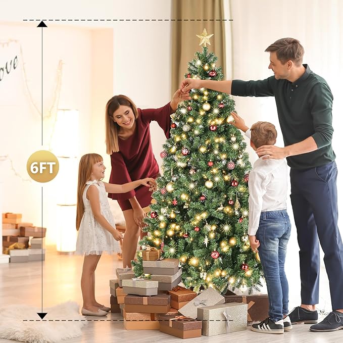 VINGLI 6ft Prelit Artificial Christmas Pine Tree with 250 Warm White Lights, Xmas Tree Holiday Party Decorations with Stabilized Metal Stand, Full 900 Tips Branch, 8 Color Modes, Green