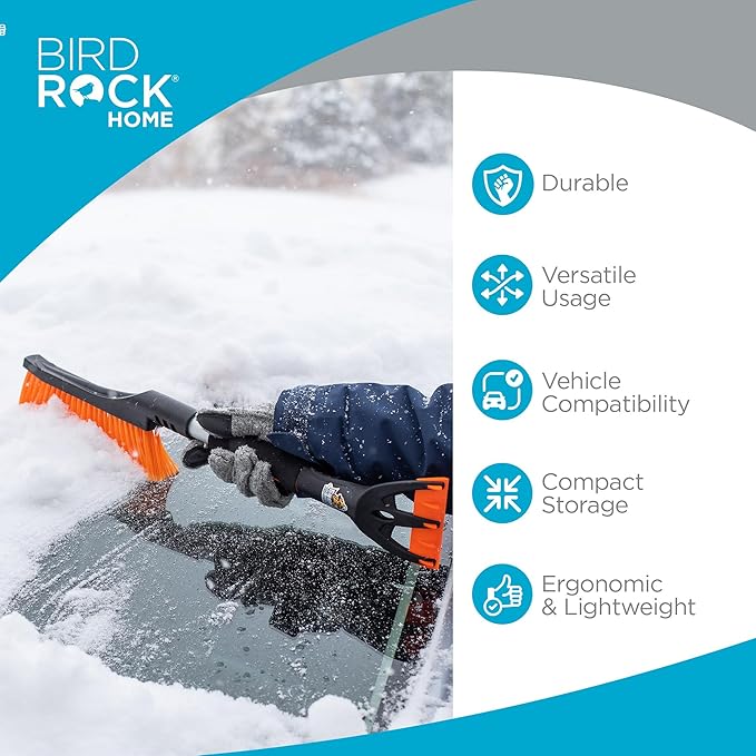 BIRDROCK HOME Snow Brush with Detachable Ice Scraper for Car - Flexible Snow Remover and Windshield Cleaning Tool with Wide Bristle Brush - Winter Sweeper for Auto, SUV - Size: 24" L x 9" W - 1 Pack
