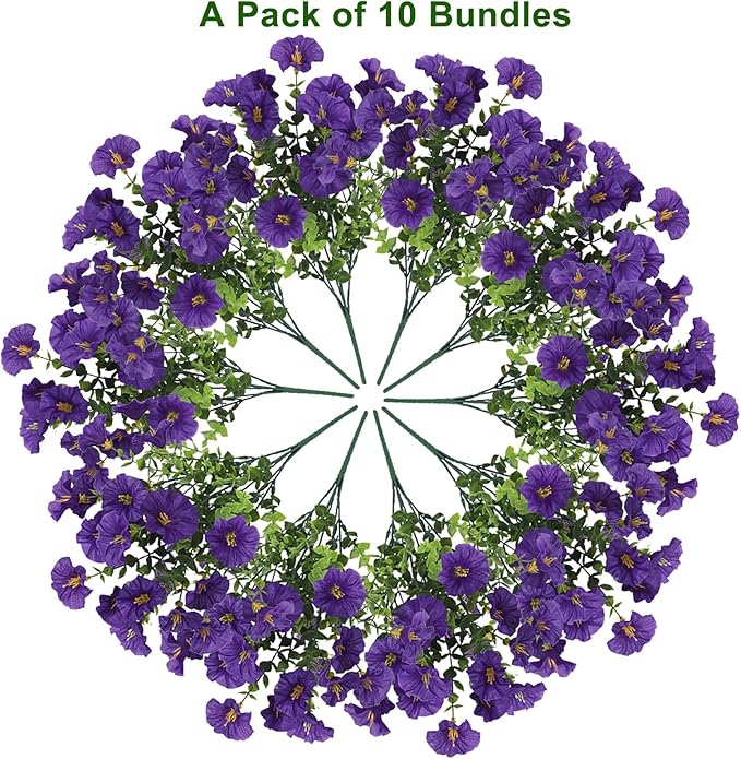 10 Bundles Artificial Flowers for Outdoor,UV Resistant Fake Petunia Flowers,Faux Plants for Outside Hanging Planters,Artificial Plants for Indoor Porch Garden Home Wedding Decor(Purple)