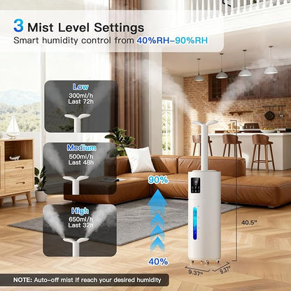 Smart Humidifiers for Large Room Bedroom Home 1800 sq.ft, 17L/4.5Gal Large Humidifier with Extension Tube & 3 Mist Modes, Top Fill Whole House Cool Mist Humidifiers for Plant Commercial Office