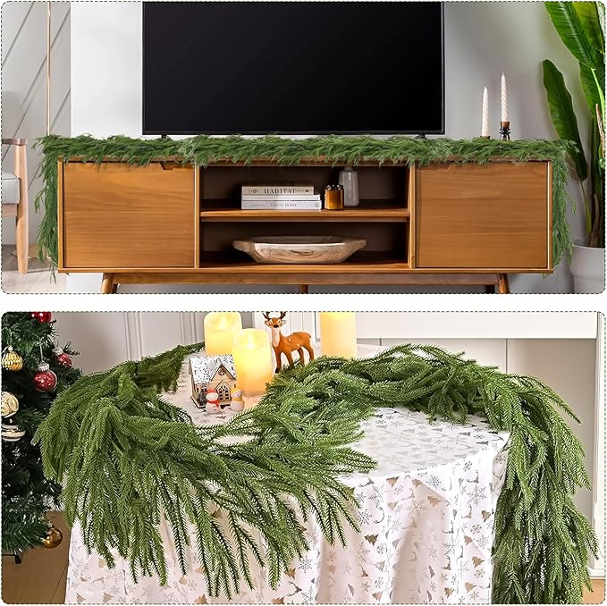 9FT Norfolk Pine Garland Christmas Dense Winter Pine Garland Green Artificial Faux Greenery Real Touch Garlands for Mantle, Wall, Table, Home Xmas Holiday Decor (1)
