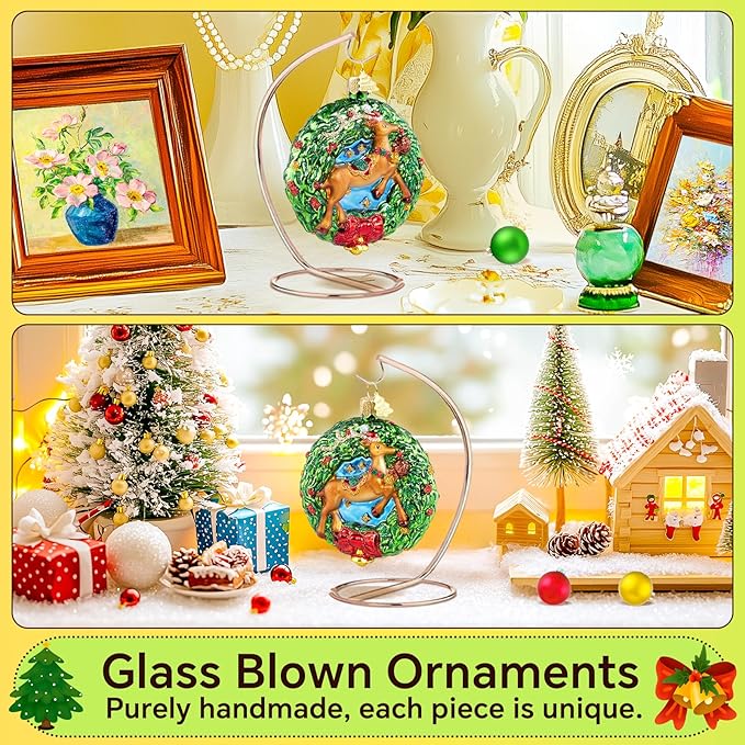 Reindeer Christmas Tree Ornaments,Blown Glass Christmas Ornaments, Wreath Collection Hanging Ornaments,Glass Home Decorations for Animal Lovers Holiday Party Daily Gifts