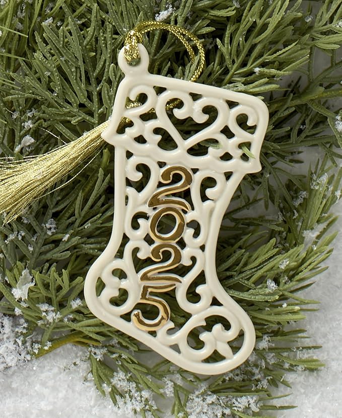 Lenox Ornament, 2025 A Year to Remember Stocking Ornament, Porcelain with Gold Accents and Gold Cord for Hanging, Tree Decorations, Winter Decor, Winter Tree Decor, Stocking Design (Cream, 1 Piece)