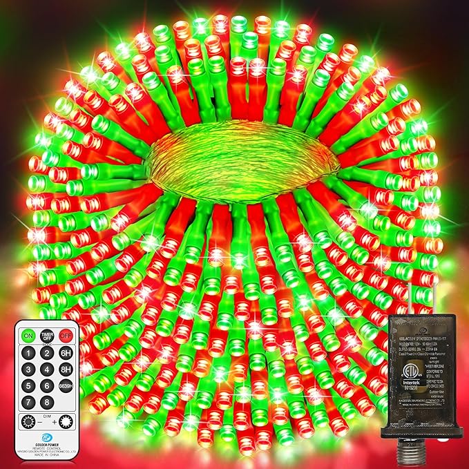 403 FT 1000 LED String Lights Outdoor Christmas Lights Fairy Lights Plug In Clear Wire Waterproof With Remote 8 Modes Timer for Outside House Tree Garden Yard Wedding Party Decorations-Red and Green