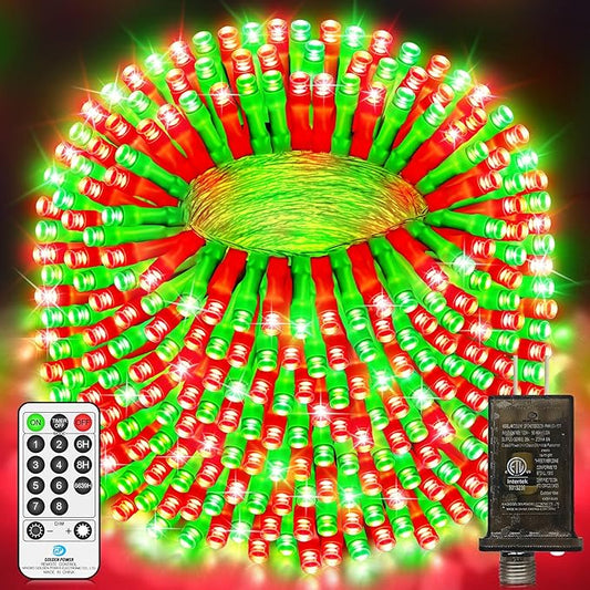 200 FT 500 LED Christmas Lights Outdoor Decorations Super Long Fairy Lights Waterproof 8 Modes Timer Clear Wire String Lights for Outside House Tree Patio Yard Wedding Party Holiday-Red & Green