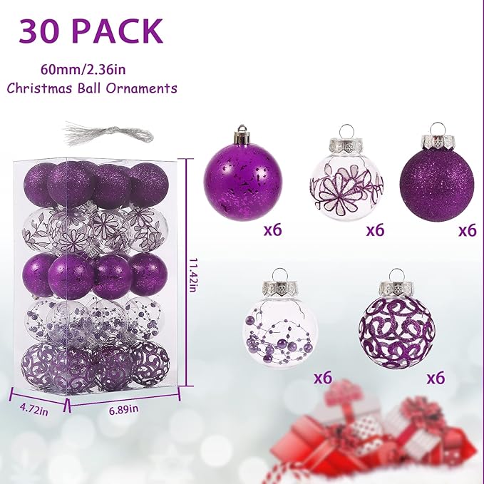 Clear Christmas Ornaments Set, 30ct 2.36inch Purple Shatterproof Christmas Ornaments Balls for Christmas Tree Delicate Stuffed Decorative Transparent Crystal Baubles for Xmas Halloween Wedding Party
