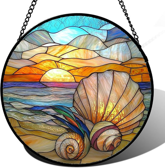 Stained Glass Window Hanging - Colorful Beach Shells Conch Sun Catcher for Door Home Decor Ocean Suncatcher Christmas Mother's Day Birthday Sea Lover Gifts for Women Men Mom Nana 11.8 in