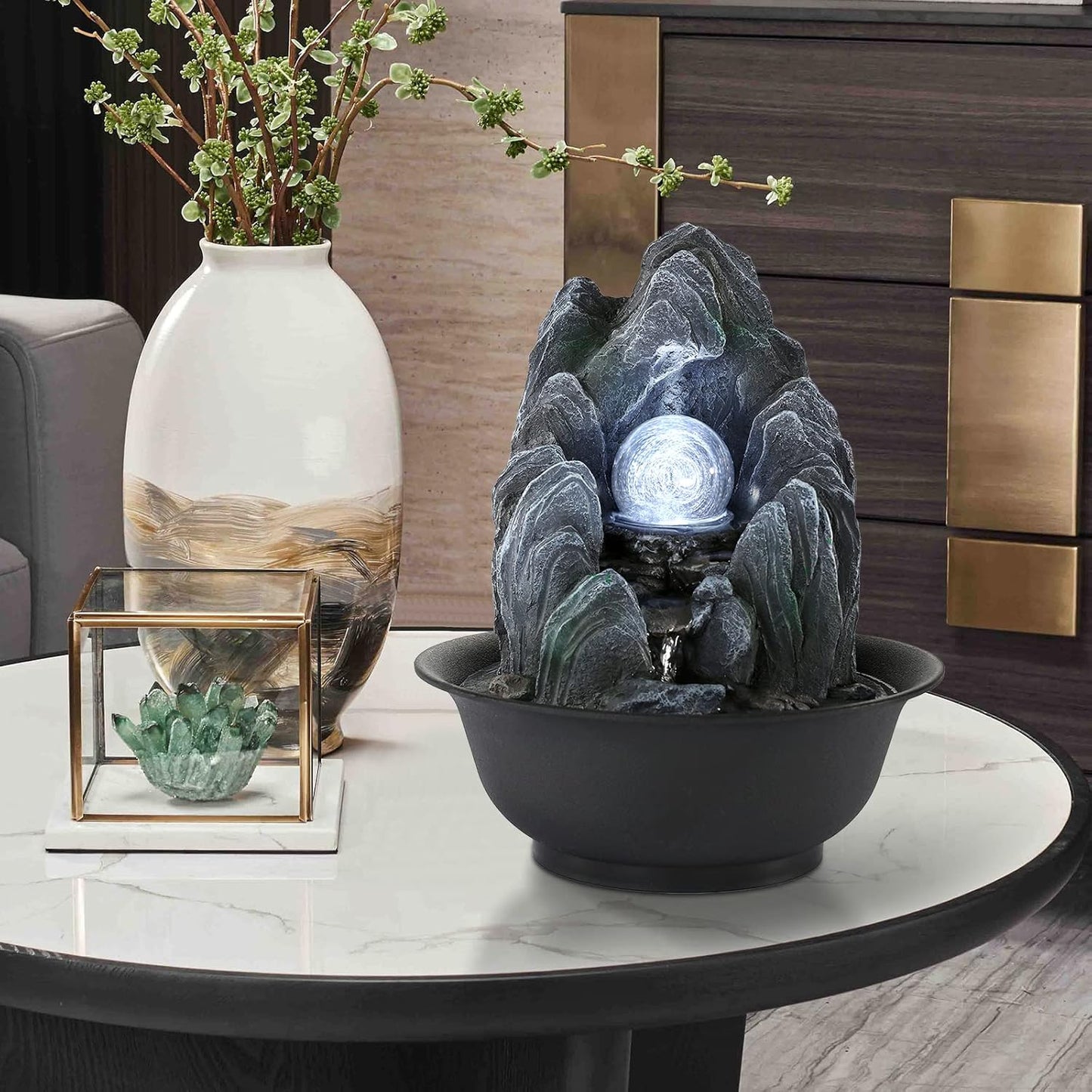 WICHEMI Water Fountains Indoor Waterfall Fountain Tabletop Fountain with LED Rolling Ball Stacked Rocks Indoor Water Feature Zen Meditation for Home and Office Indoor Spaces Decor (Style 19)
