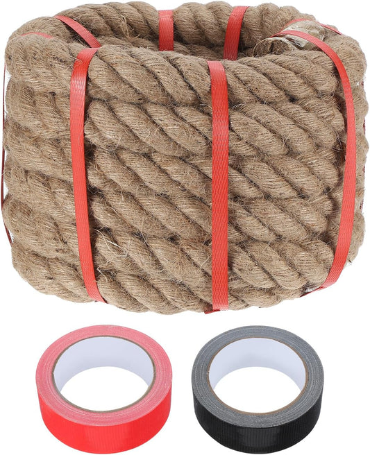 MECCANIXITY Jute Rope 1.3 Inch x 20ft, Thick Twine Rope Ropes Braided Jute Twine Natural Brown Burlap Cord String Heavy Twisted with Tapes for Decorative Crafts Railing Swing Tug of War
