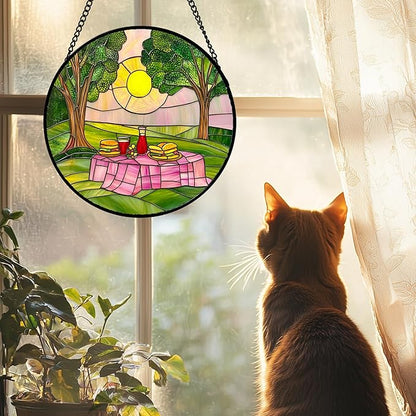 Stained Glass Window Hanging 4 Pcs Set Pink Green Spring Saplings Flowers 9.8" - Suncatcher Door Garden Sun Catcher Home Decor Mother's Day for Woman Nana Mom Men