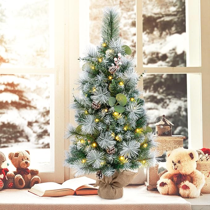 Goplus 3ft Pre-Lit Mini Tabletop Christmas Tree, Artificial Small Battery Operated Xmas Tree with 30 Warm White LED Lights, Timer, 98 Flocked PVC & Pine Needles, for Home Office Decoration